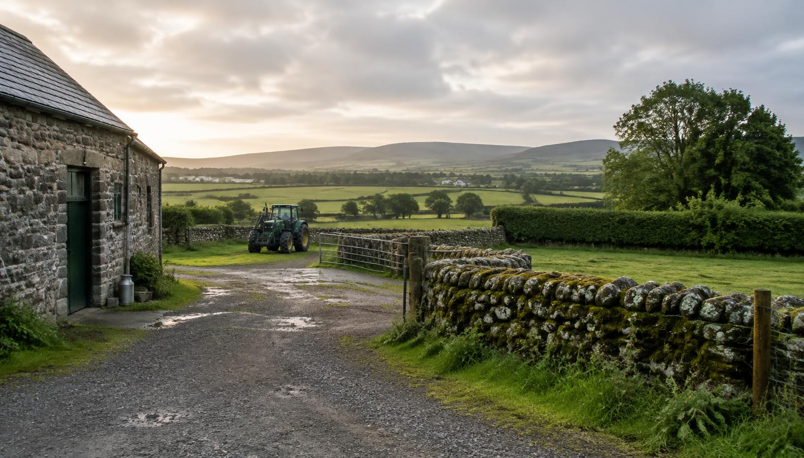 An Irish farmyard with stone walls and green fields